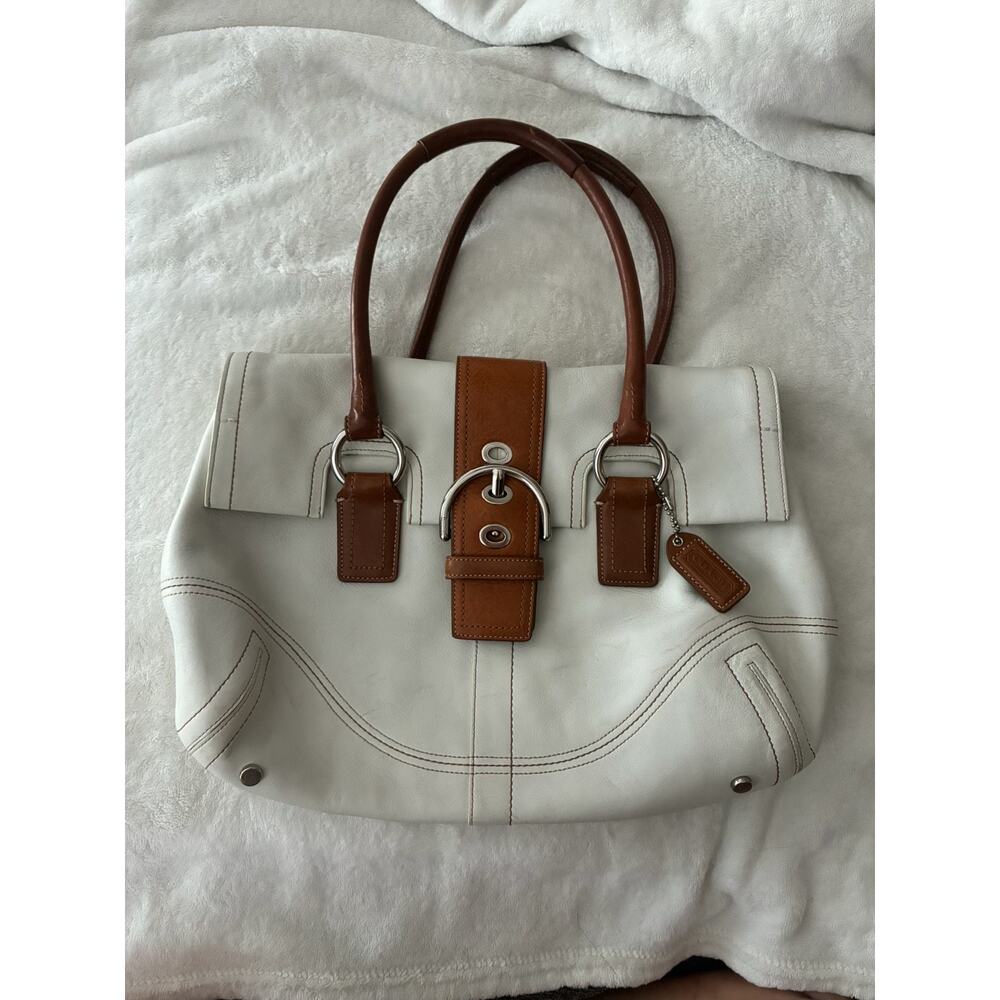 Coach white Hamptons Satchel handbag with tan details